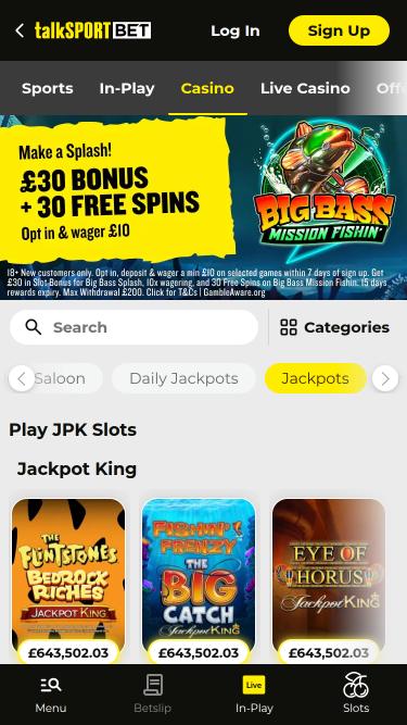 talkSPORT BET Casino jackpot mobile page