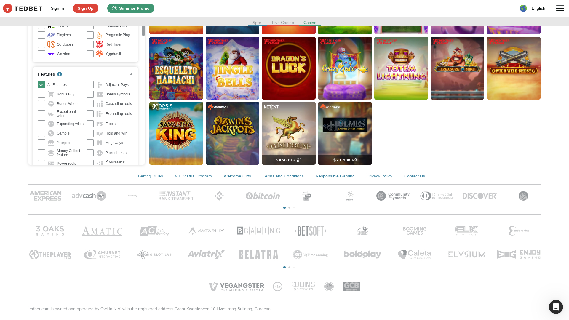 Développeurs de jeux de bureau de TedBet Casino