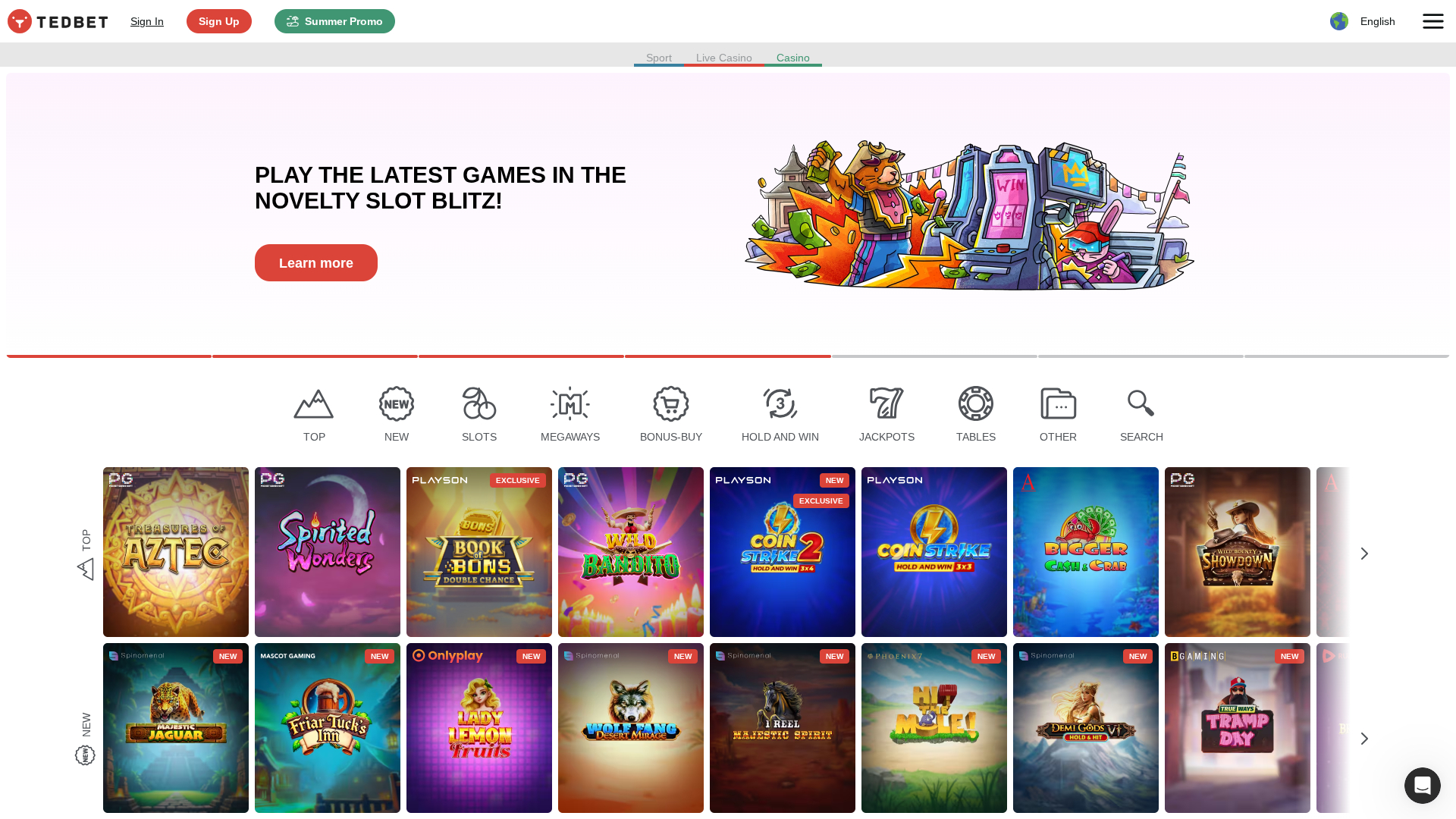 Page d'accueil de bureau de TedBet Casino