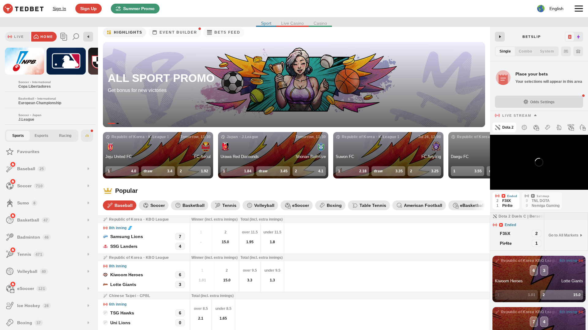 Sports de bureau de TedBet Casino