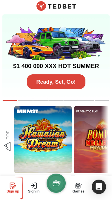 Page d'accueil mobile de TedBet Casino