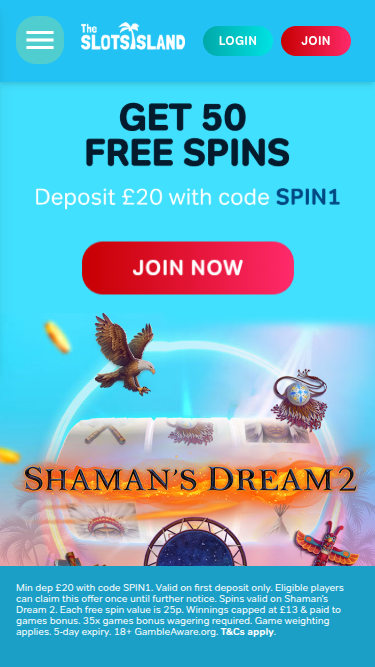 Page d'accueil mobile de The Slots Island Casino