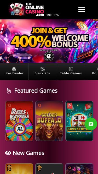 الصفحة الرئيسية لموقع TheOnlineCasino على الهاتف المحمول
