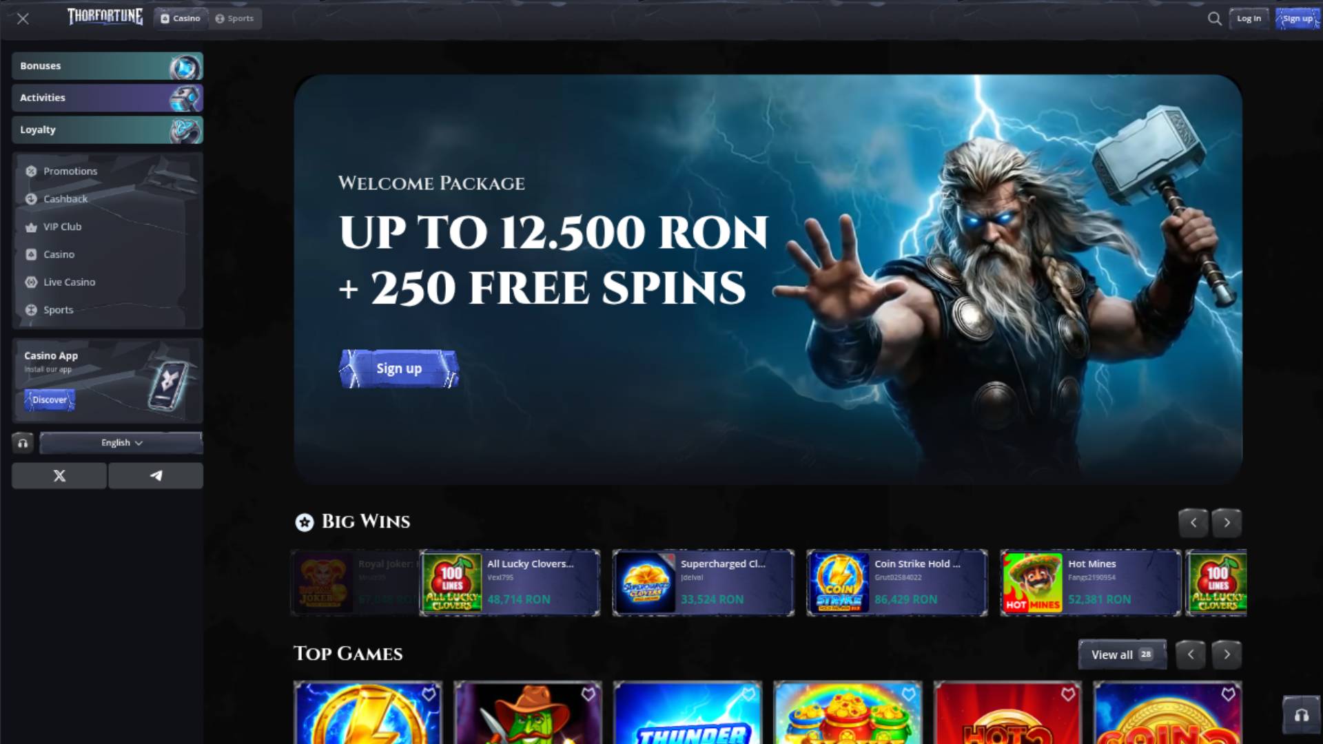 Screenshot der Homepage von Thorfortune Casino