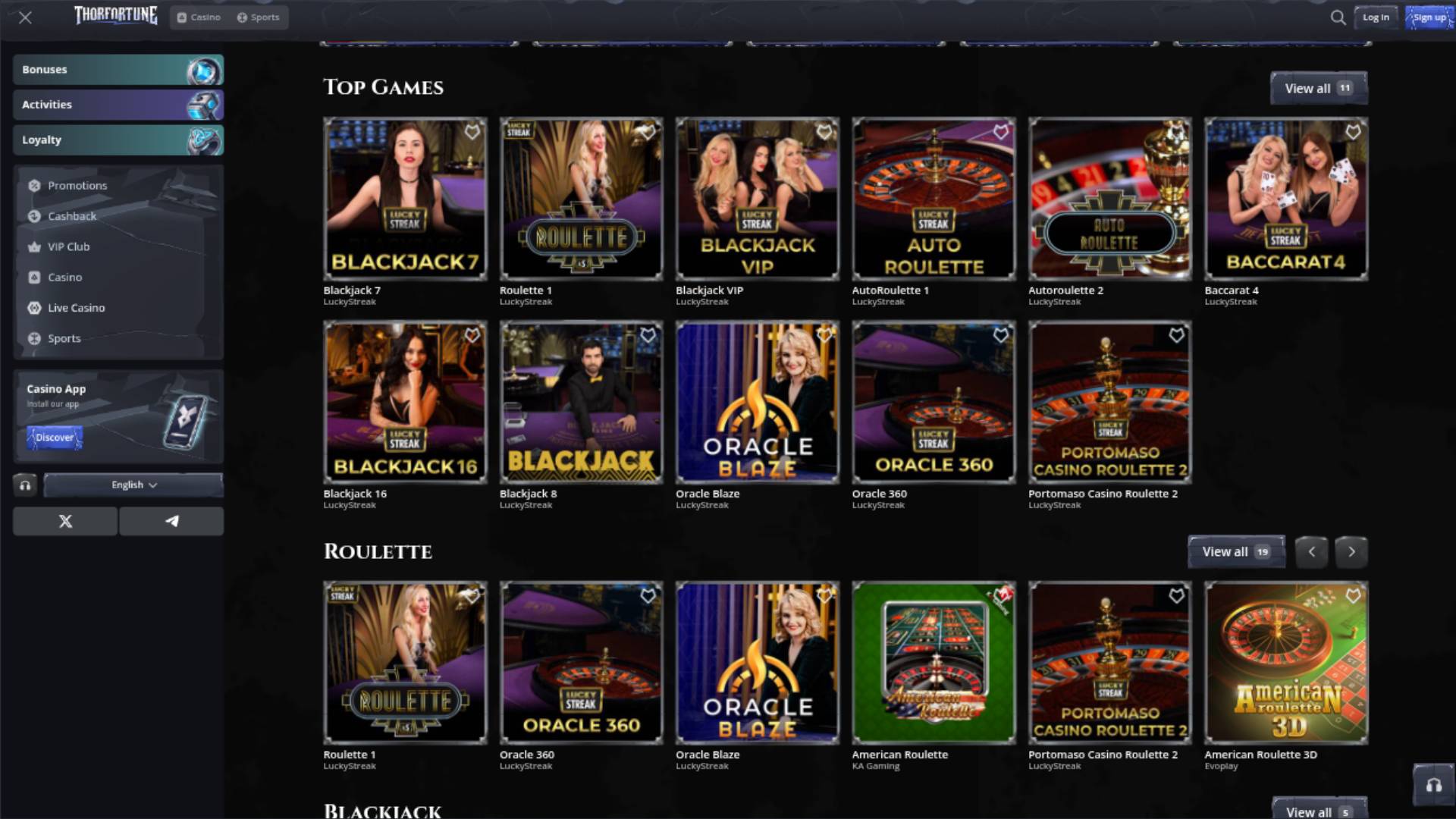 Screenshot der Live-Seite des Thorfortune Casinos
