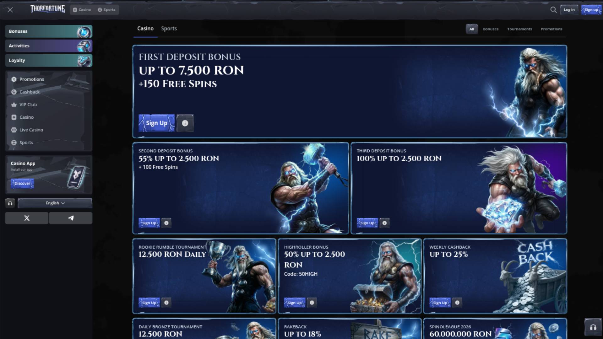 Screenshot der Aktionsseite von Thorfortune Casino
