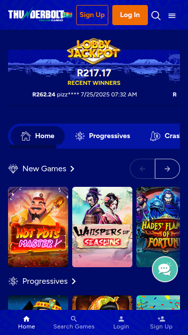 Page d'accueil mobile de Thunderbolt Casino