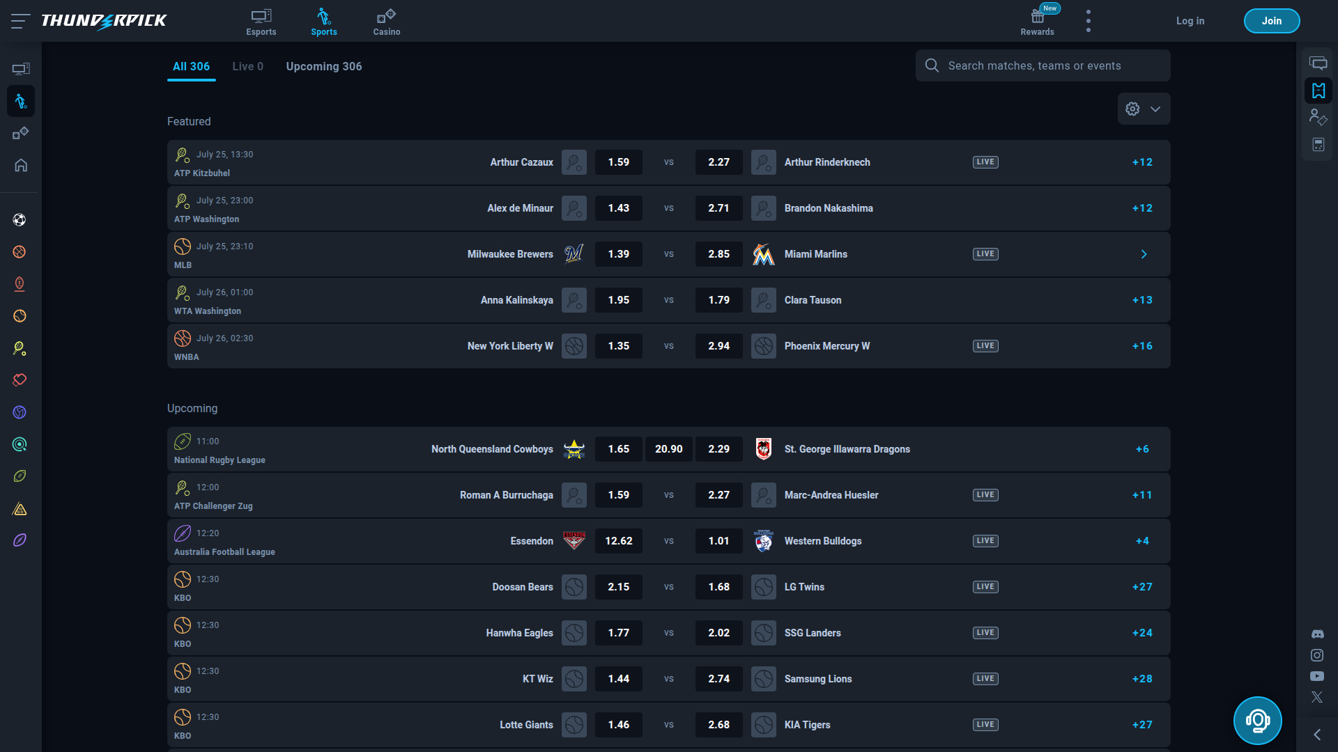 ThunderPick Casino Desktop-Sportwetten