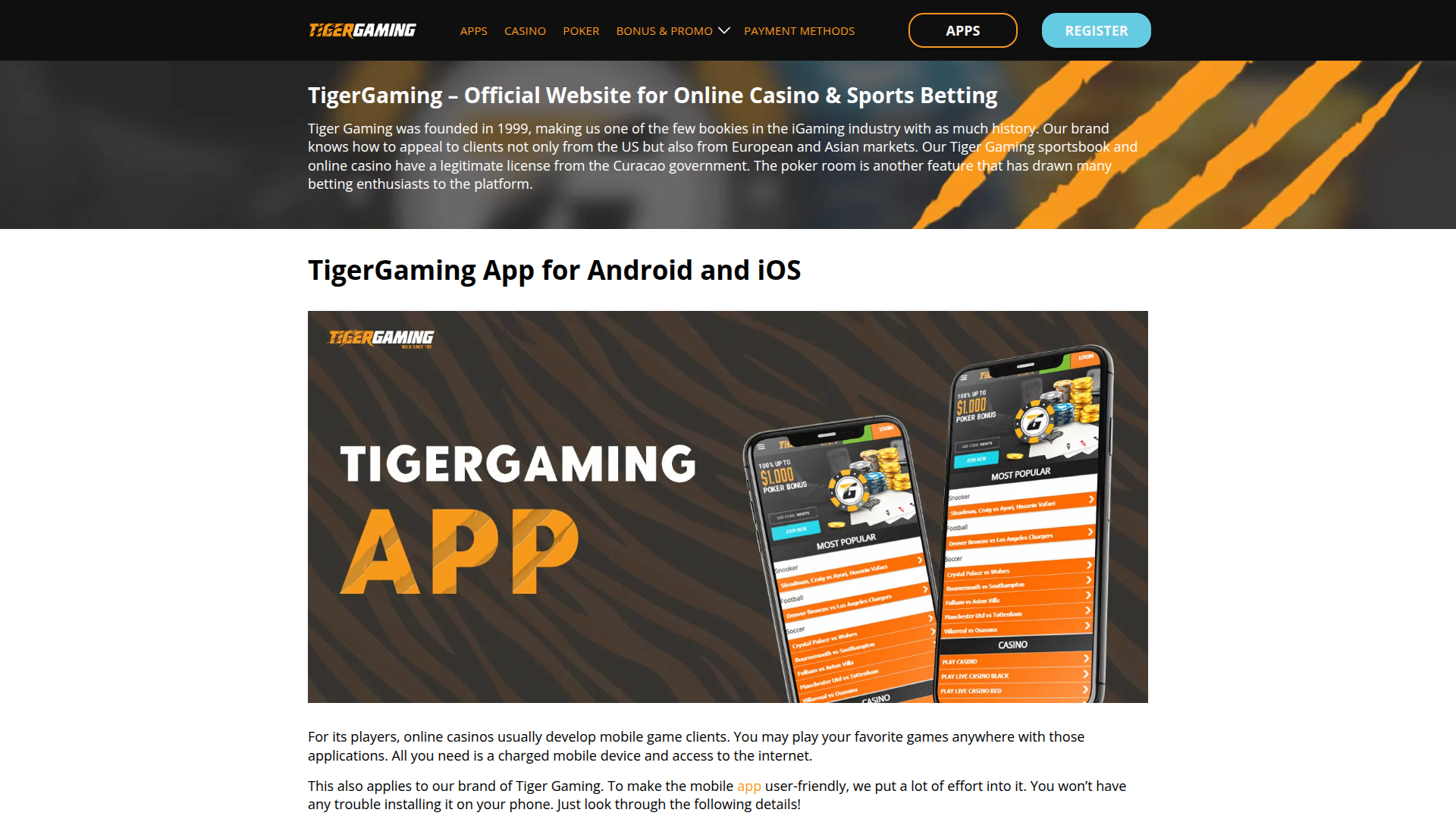 Page d'accueil de bureau de TigerGaming Casino