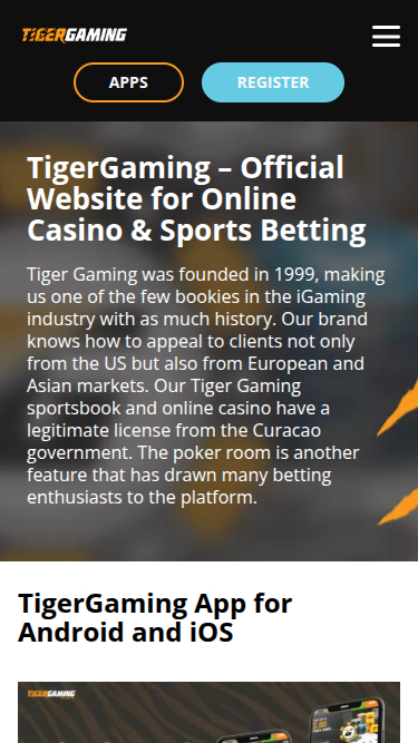 Page d'accueil mobile de TigerGaming Casino