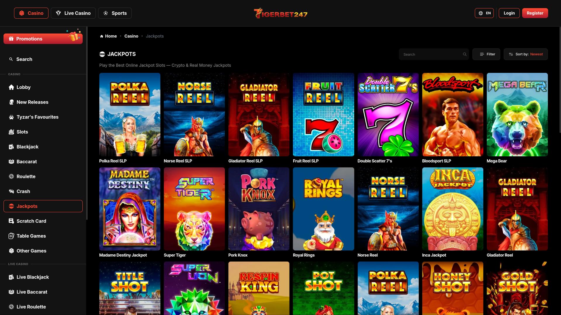 Страница джекпота казино TigerBet247