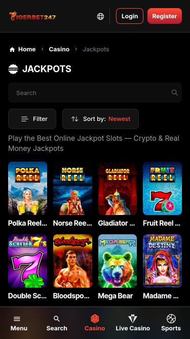 Мобильная страница джекпота казино TigerBet247