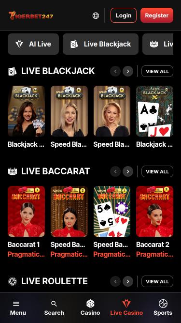 Мобильная страница казино TigerBet247 с живыми дилерами
