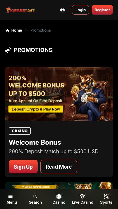 Мобильная страница акций казино TigerBet247