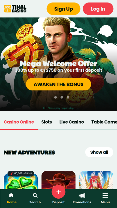 Мобильная версия сайта Tikal Casino