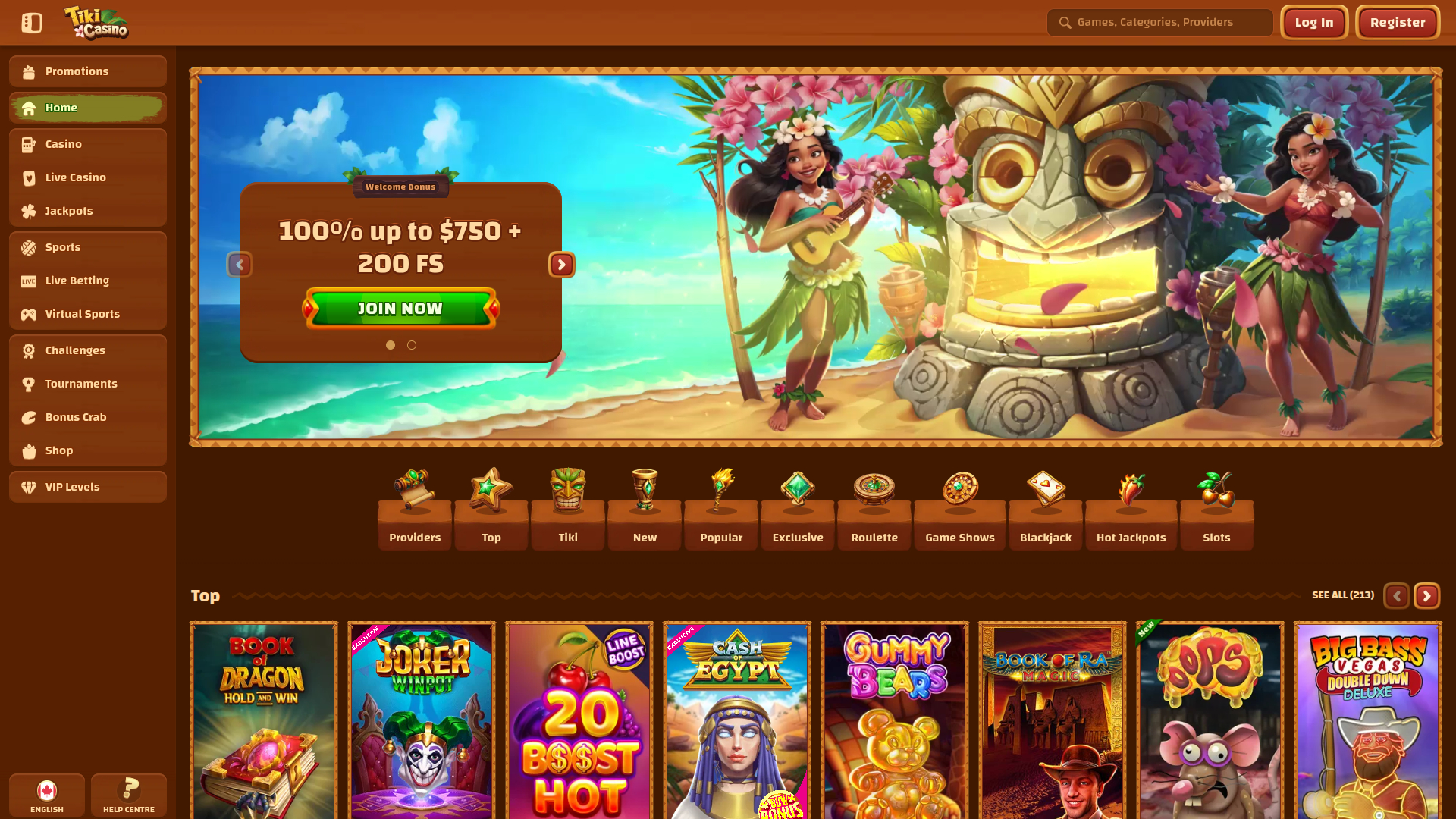 Página de inicio de escritorio de Tiki Casino