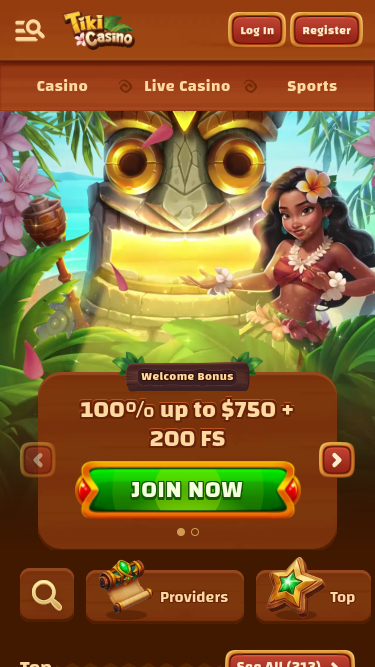 Página de inicio móvil de Tiki Casino
