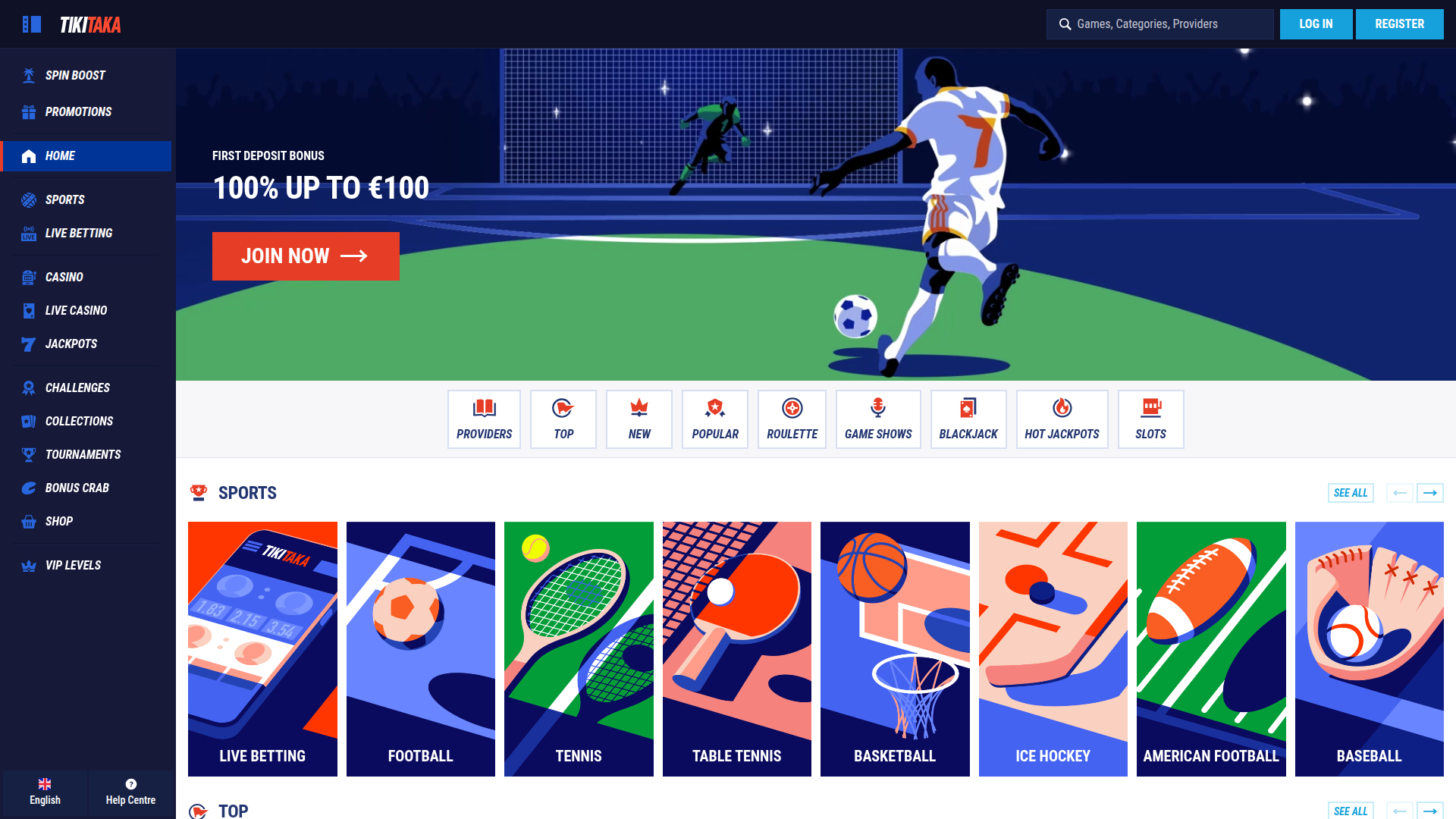 Page d'accueil de bureau de Tikitaka Casino