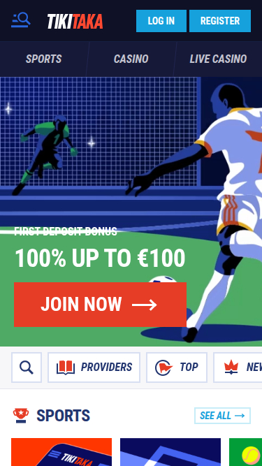 Page d'accueil mobile de Tikitaka Casino