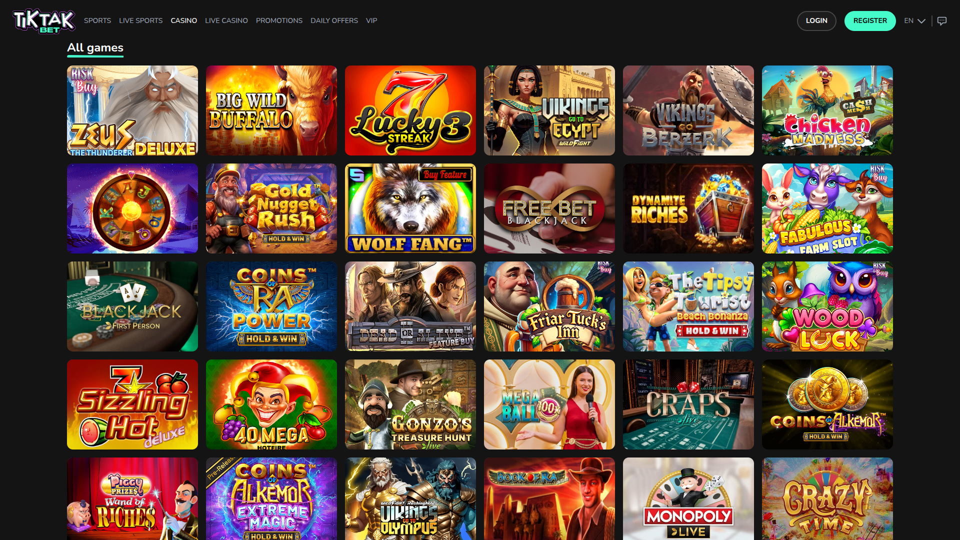 TikTak Bet Casino Desktop-Spiele