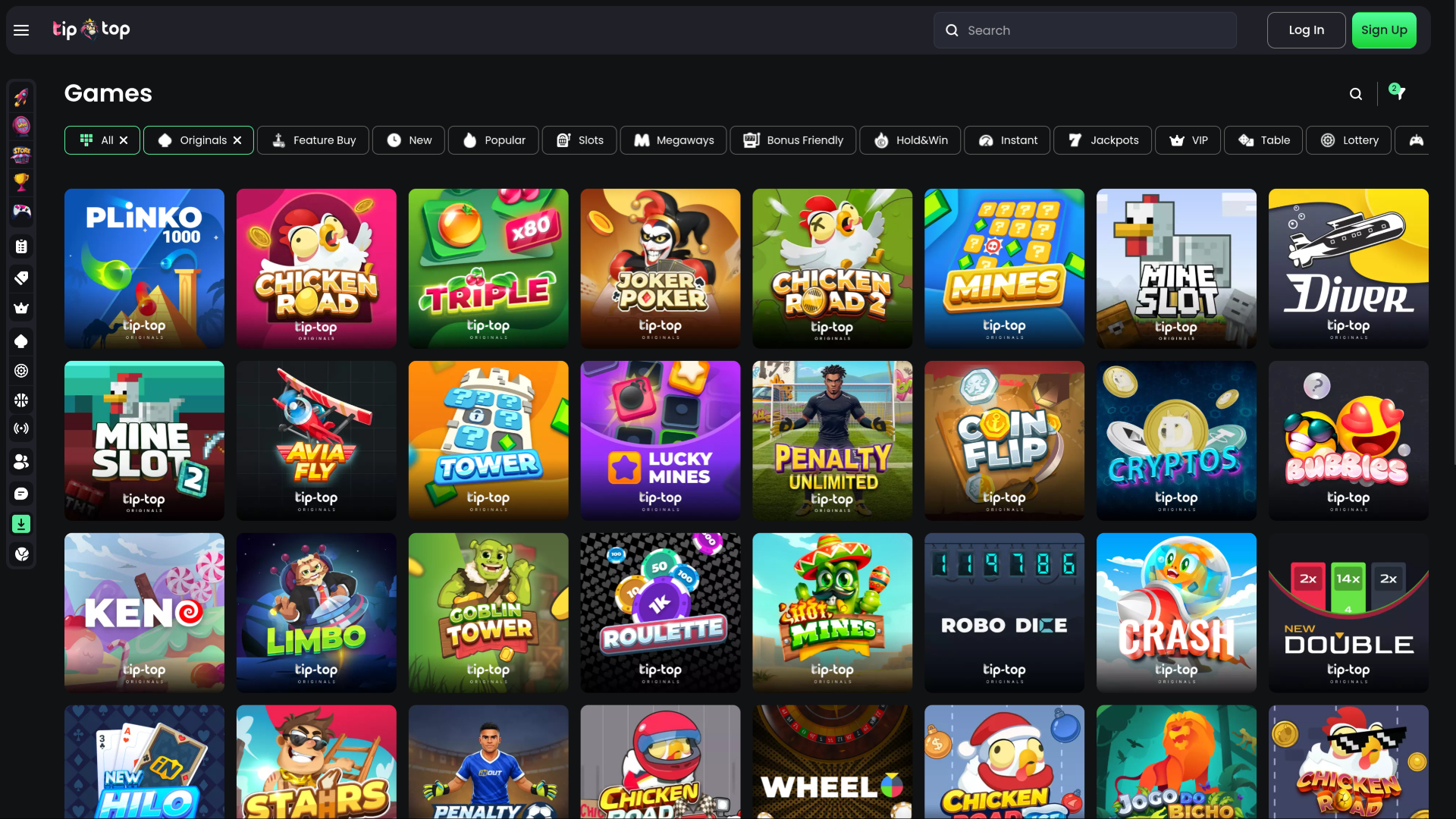Screenshot della pagina dei giochi di TipTop Casino