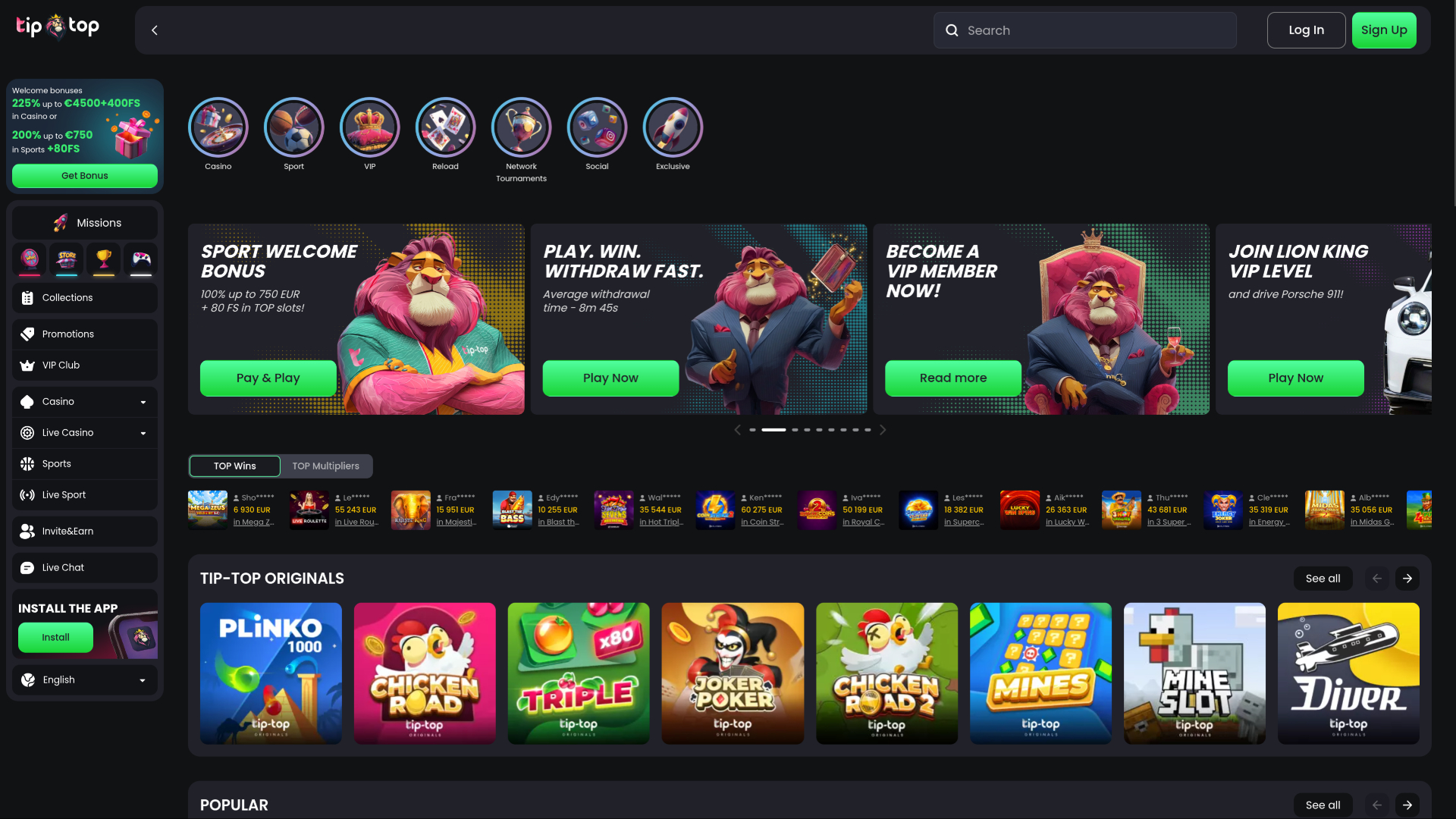 Screenshot della homepage di TipTop Casino