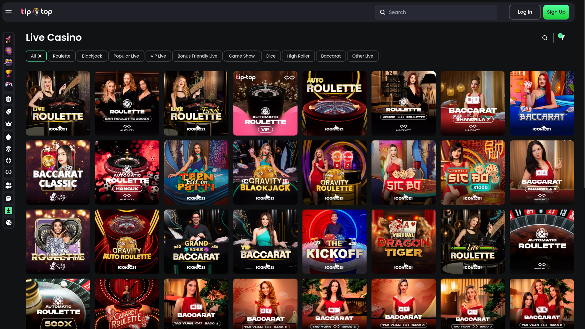 Screenshot della pagina live di TipTop Casino