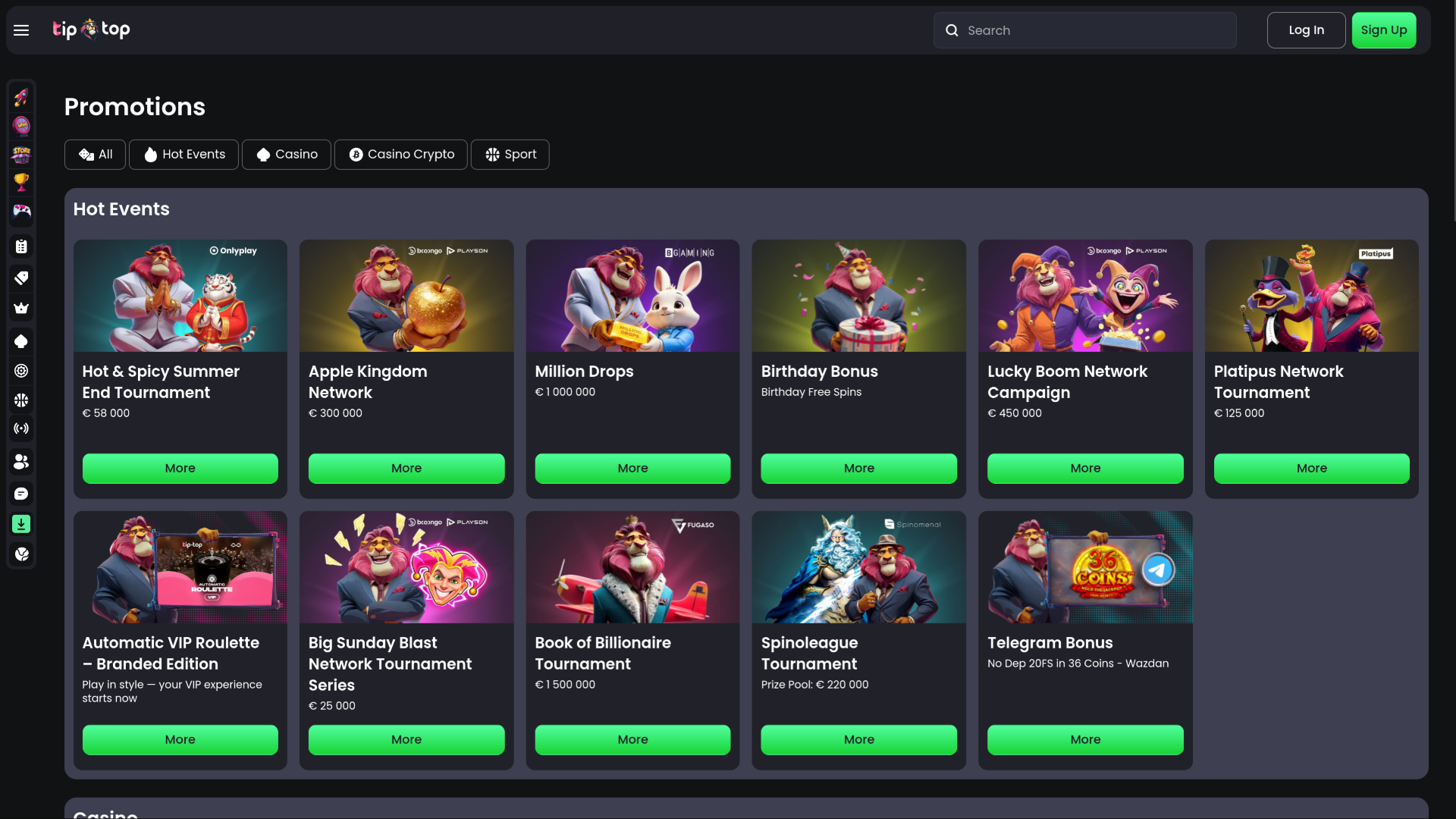 Screenshot della pagina delle promozioni di TipTop Casino