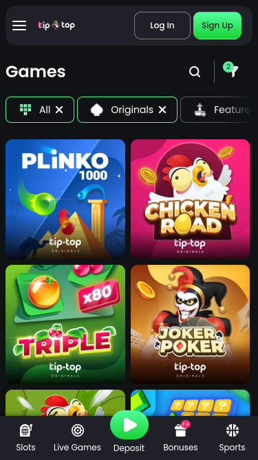 Schermata della pagina mobile dei giochi di TipTop Casino