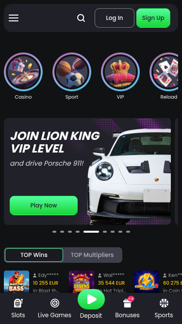 Schermata della homepage mobile di TipTop Casino