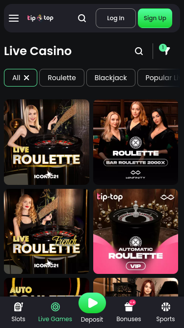 Screenshot della pagina mobile in diretta di TipTop Casino