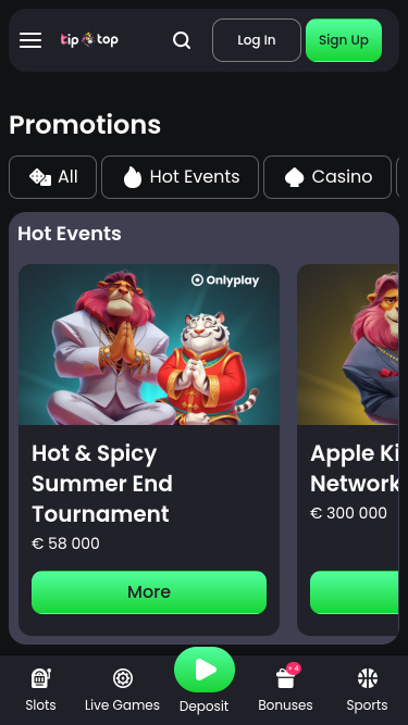 Screenshot della pagina mobile delle promozioni di TipTop Casino