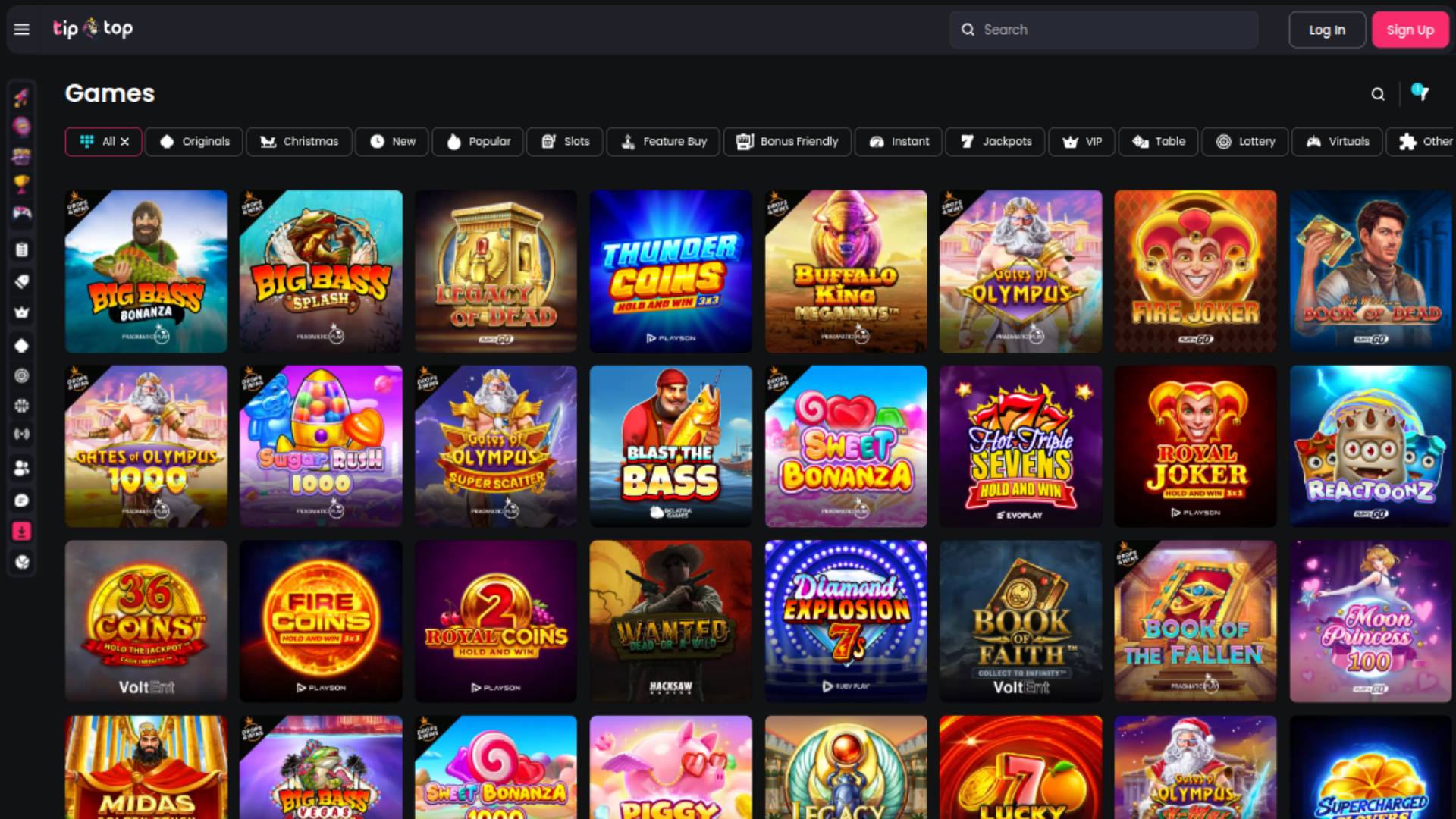 Games page screenshot of TipTop Casino