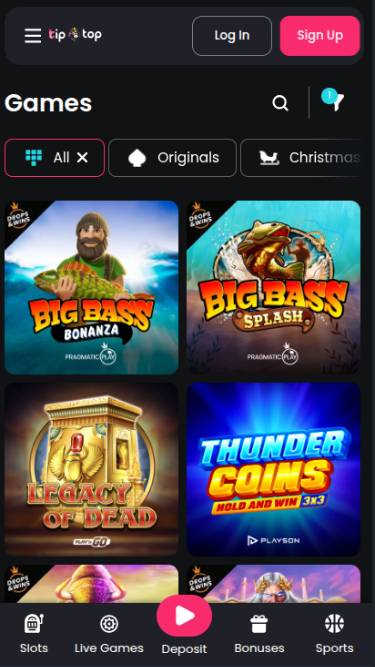 Games mobile page screenshot of TipTop Casino