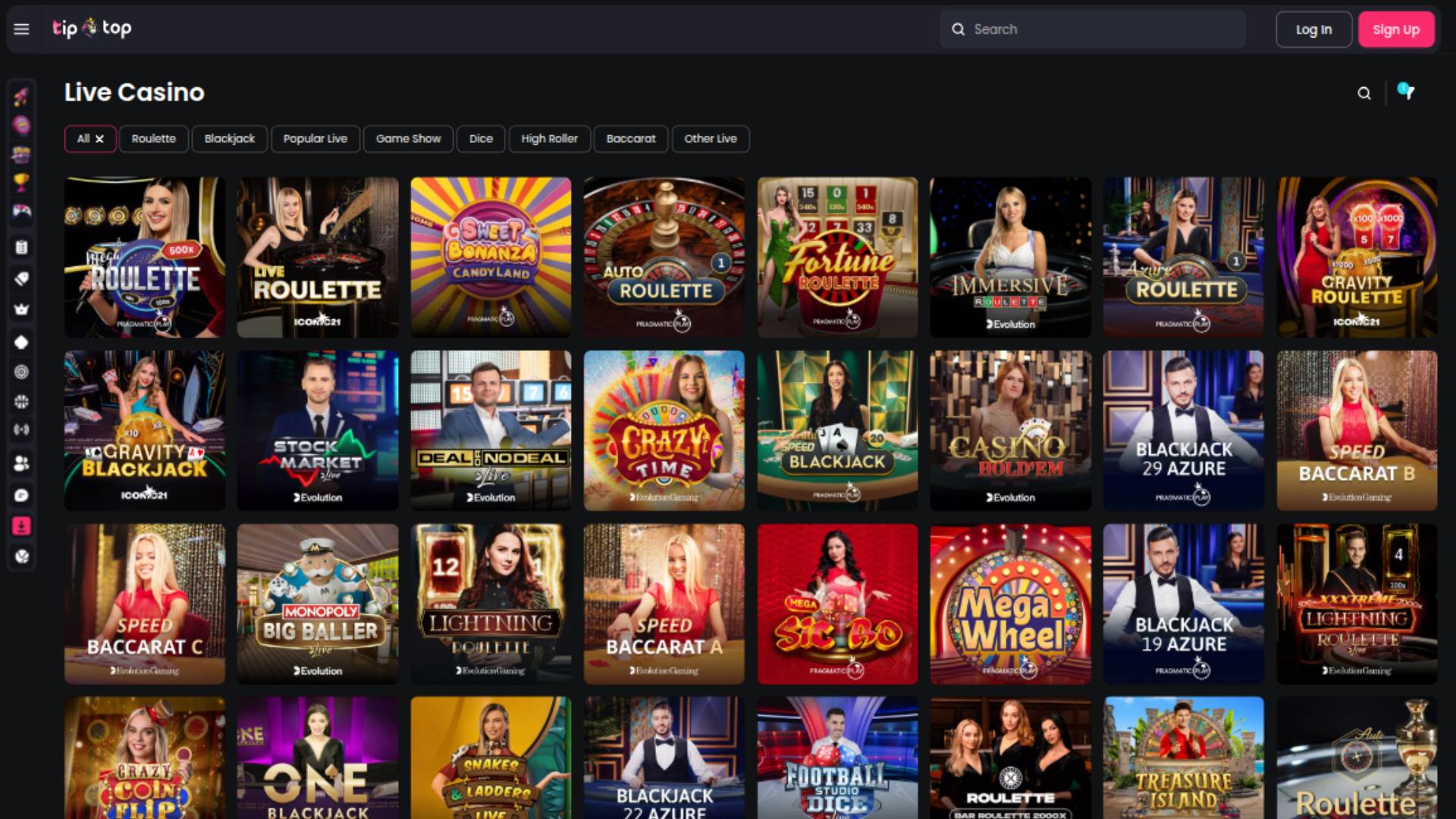 Live page screenshot of TipTop Casino