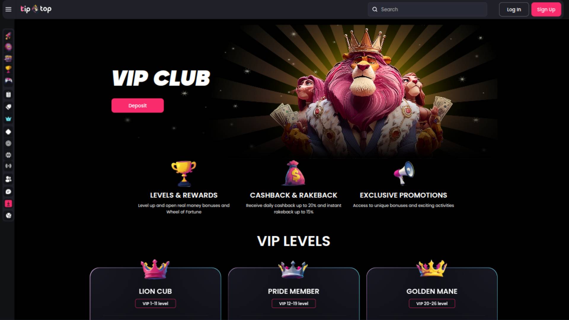 VIP page screenshot of TipTop Casino