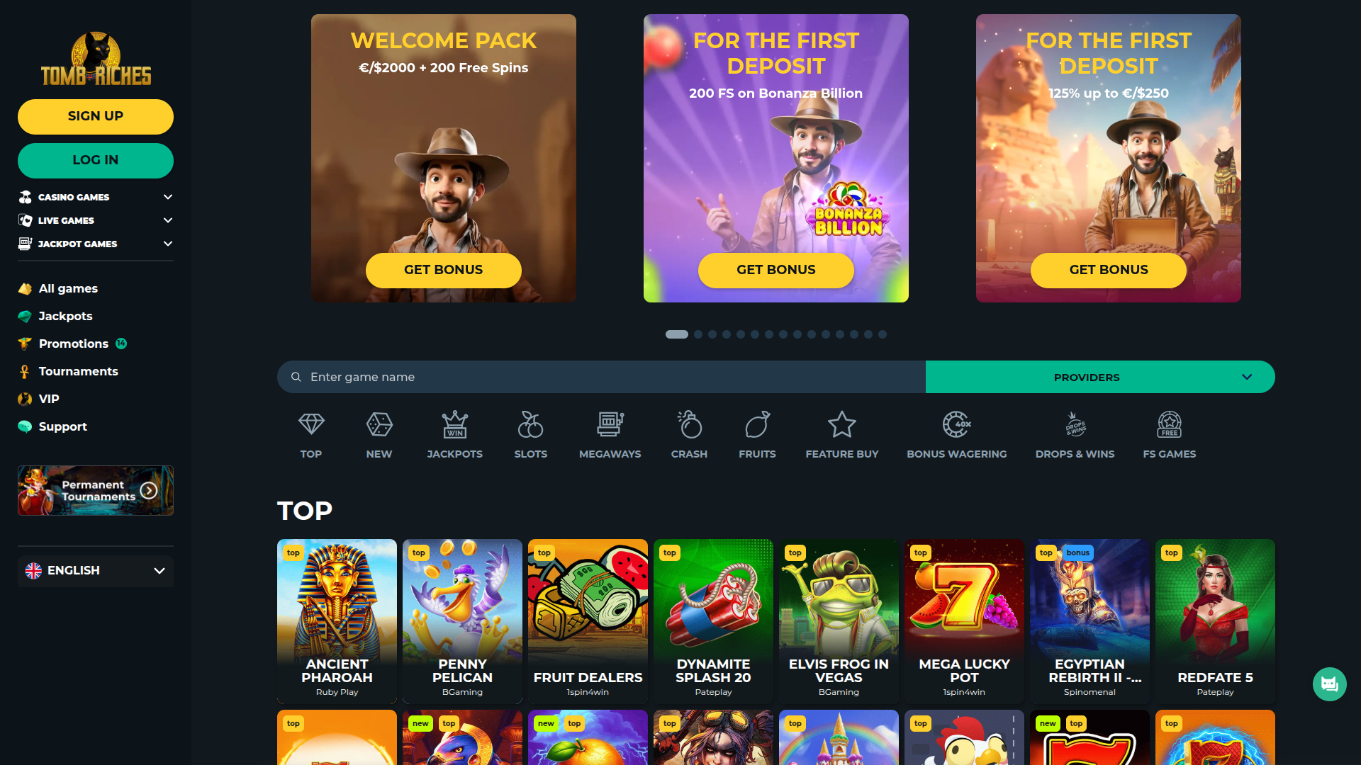 Page d'accueil de bureau de TombRiches Casino