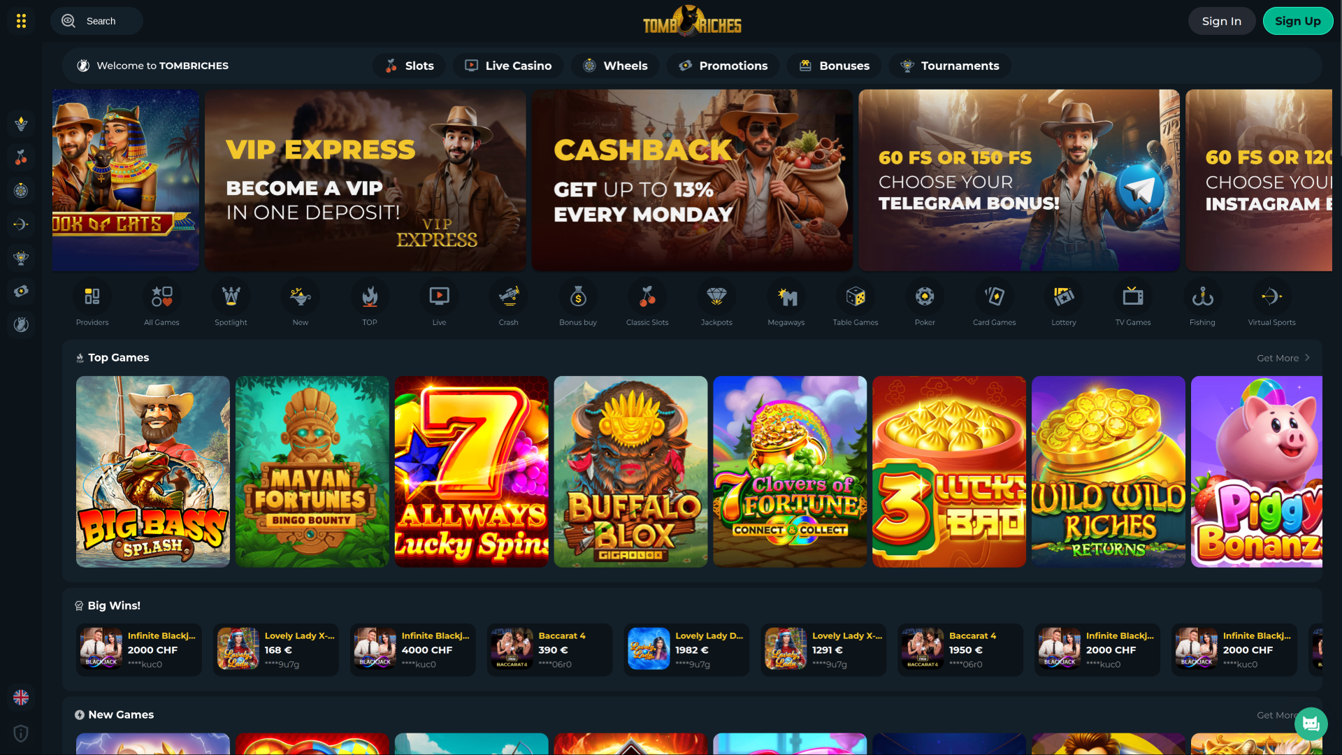 TombRiches Casino Desktop-Startseite