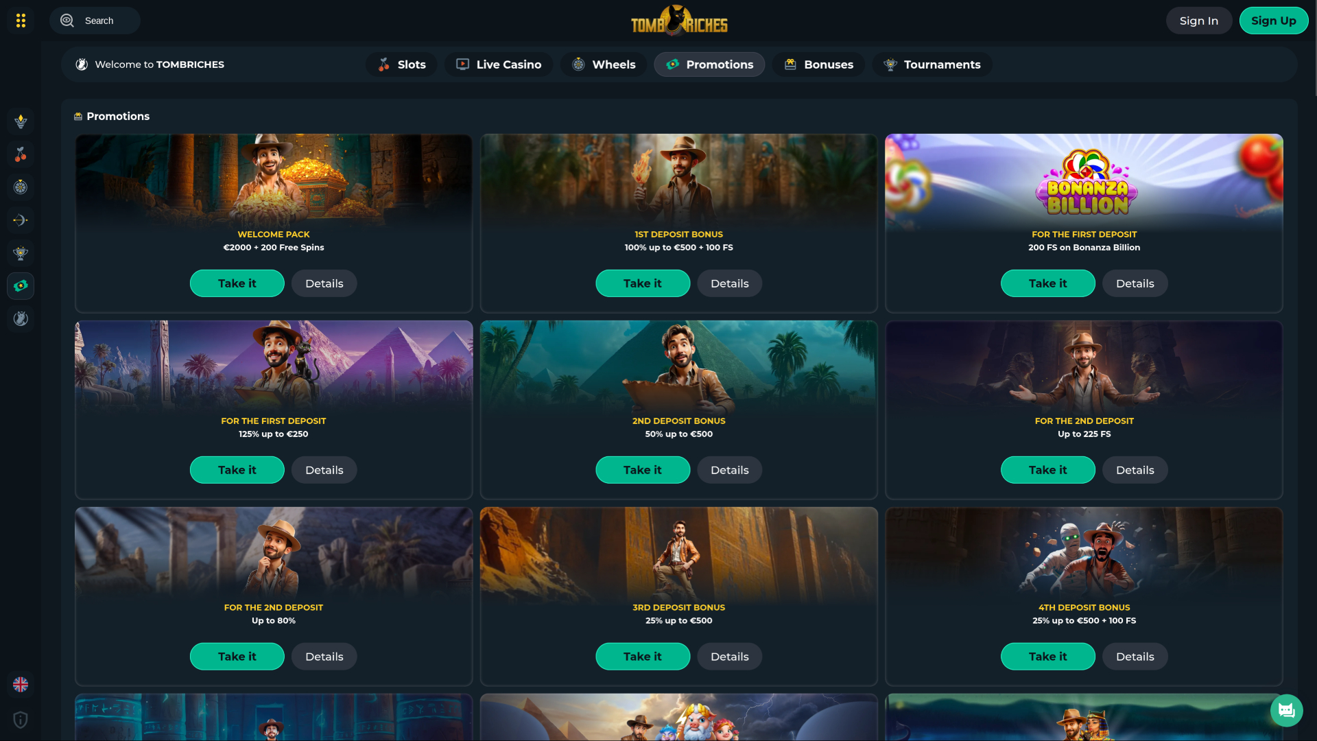 TombRiches Casino Desktop-Aktionen