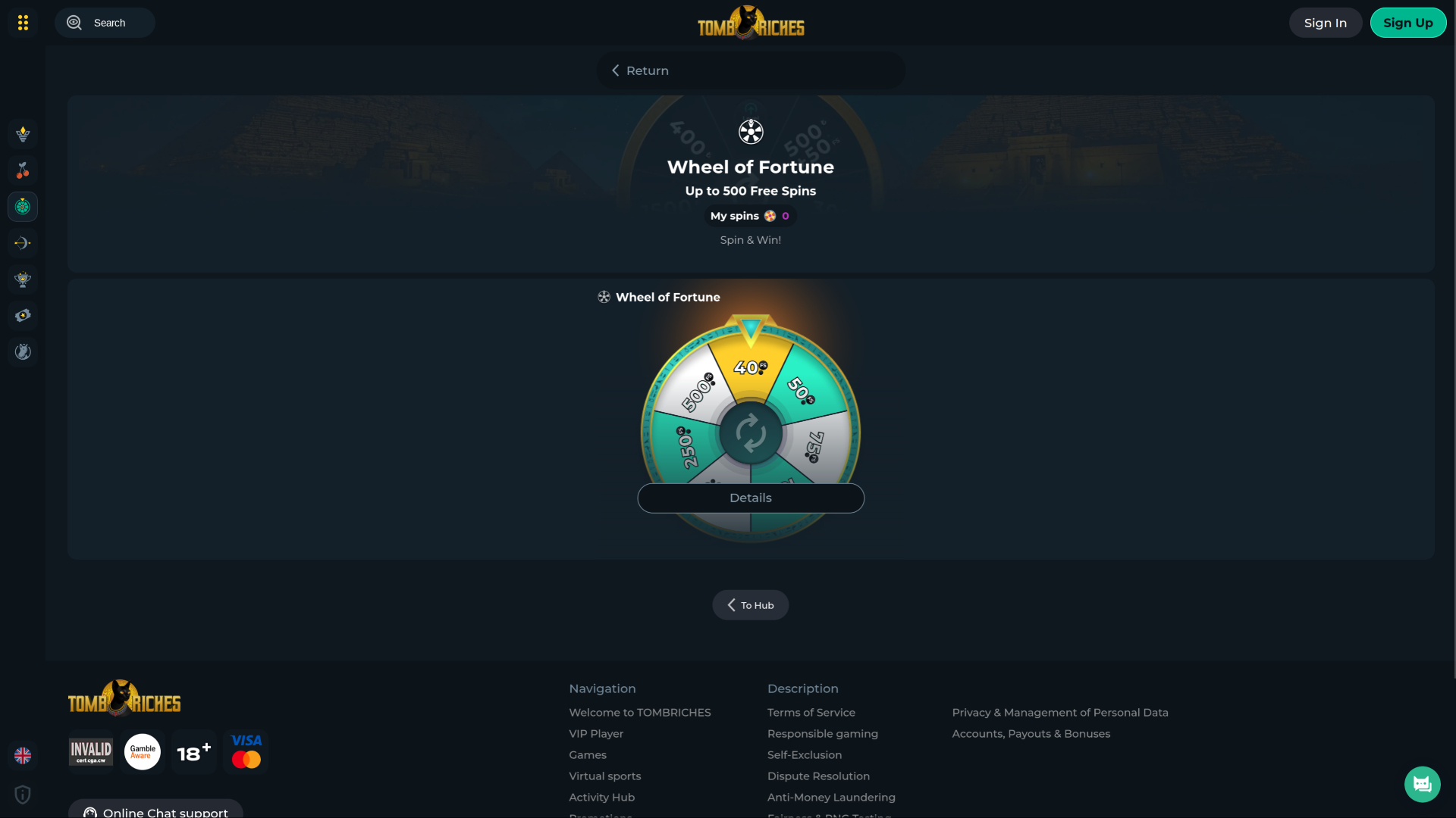 TombRiches Casino Desktop Wheel