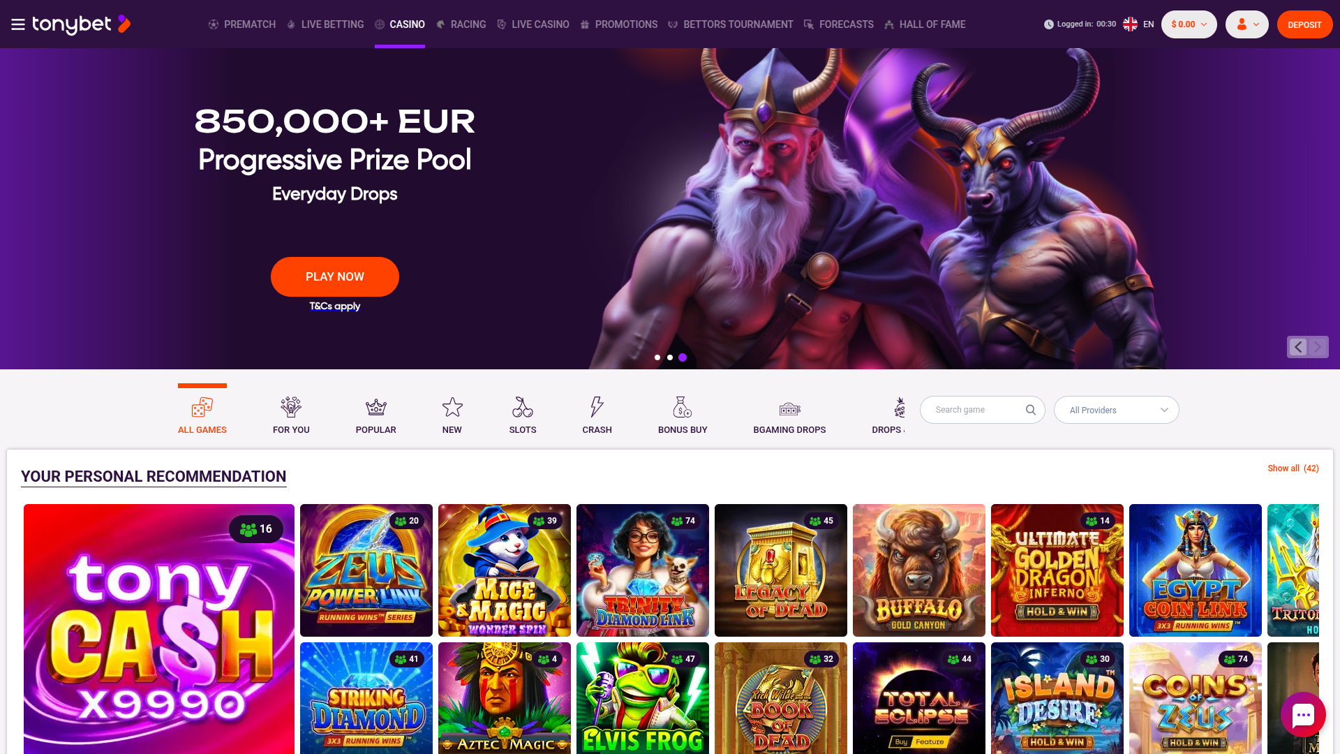 Page d'accueil de bureau de TonyBet Casino