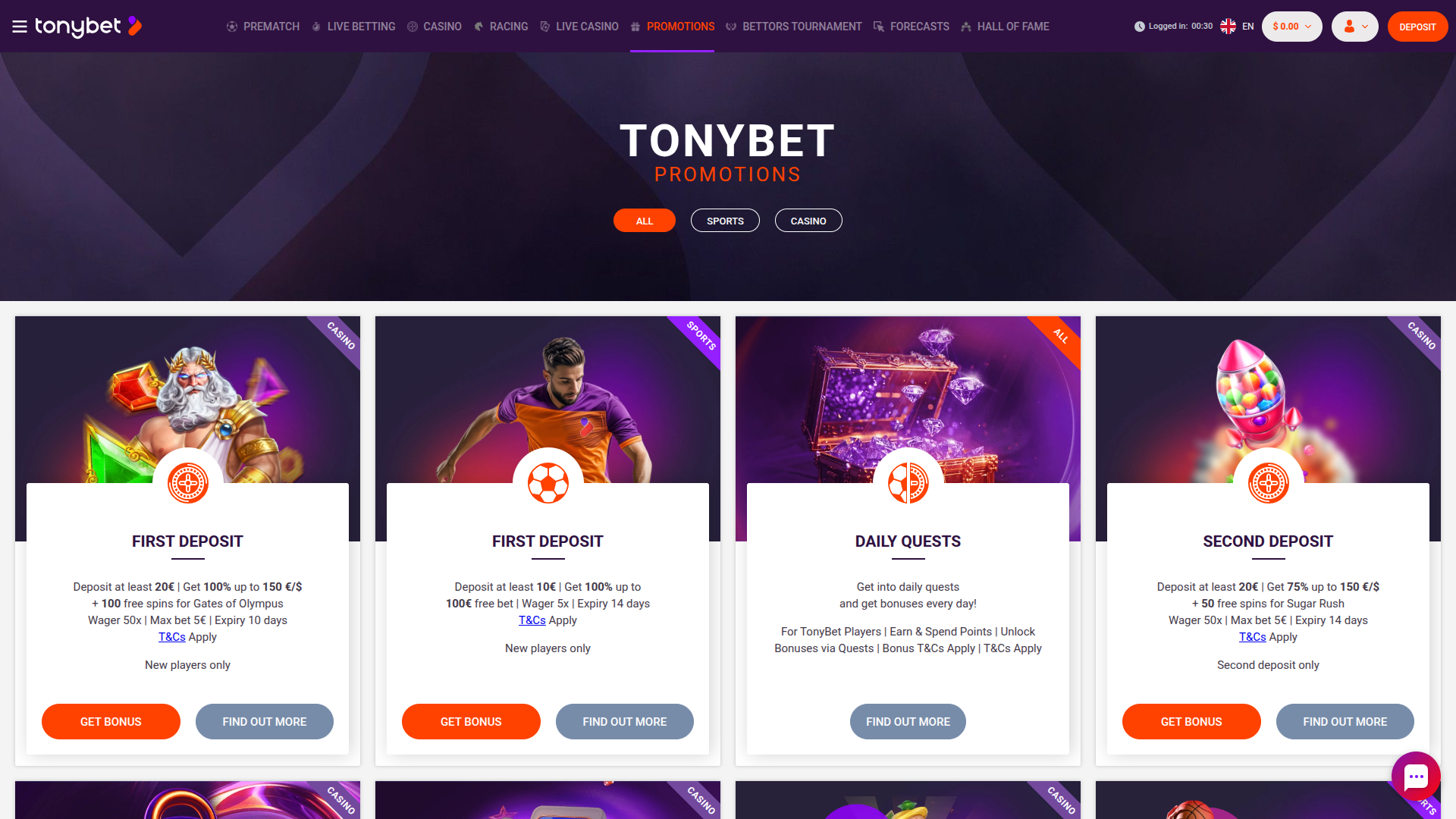 Promotions de bureau de TonyBet Casino