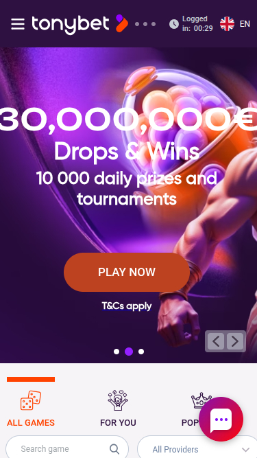 Page d'accueil mobile de TonyBet Casino
