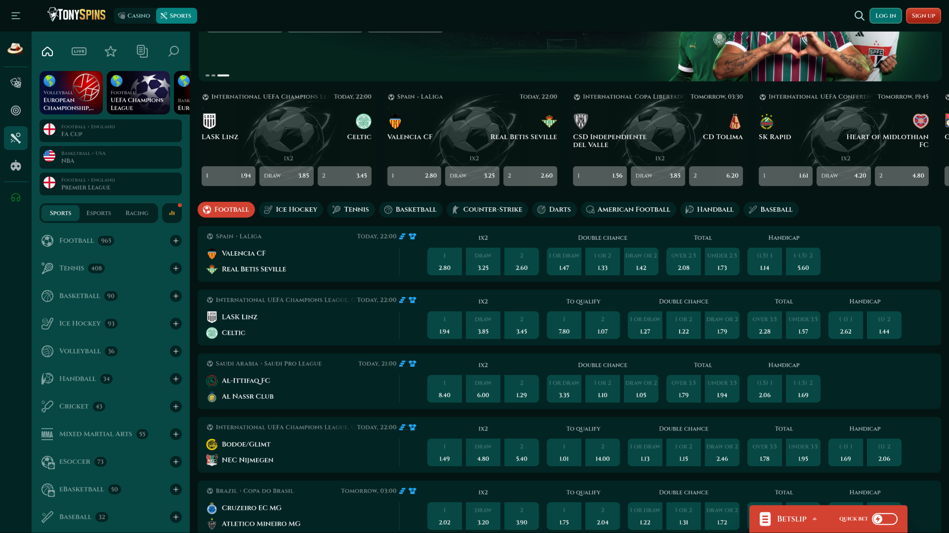 Букмекерская контора TonySpins Casino для настольных компьютеров