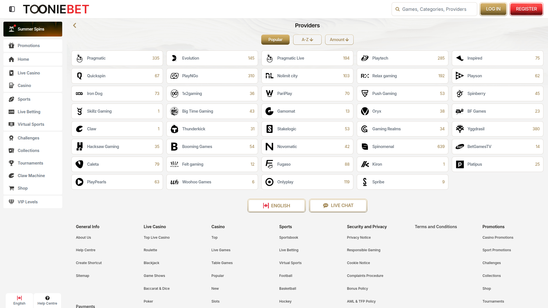 Développeurs de jeux de bureau de ToonieBet Casino