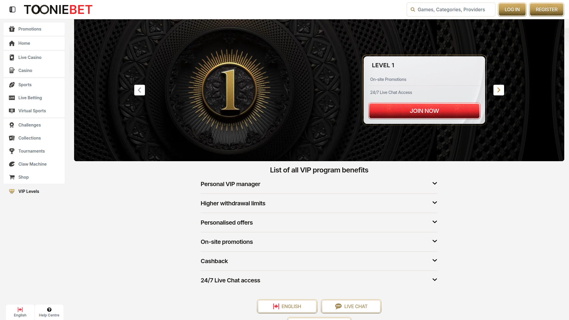 Programme VIP ToonieBet Casino pour ordinateur de bureau