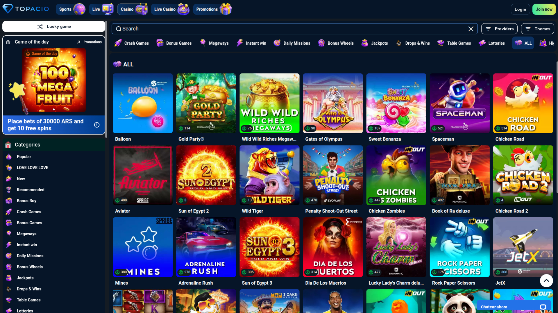 Juegos de escritorio del Casino Topacio