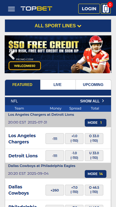 Página de inicio móvil de TopBet Casino