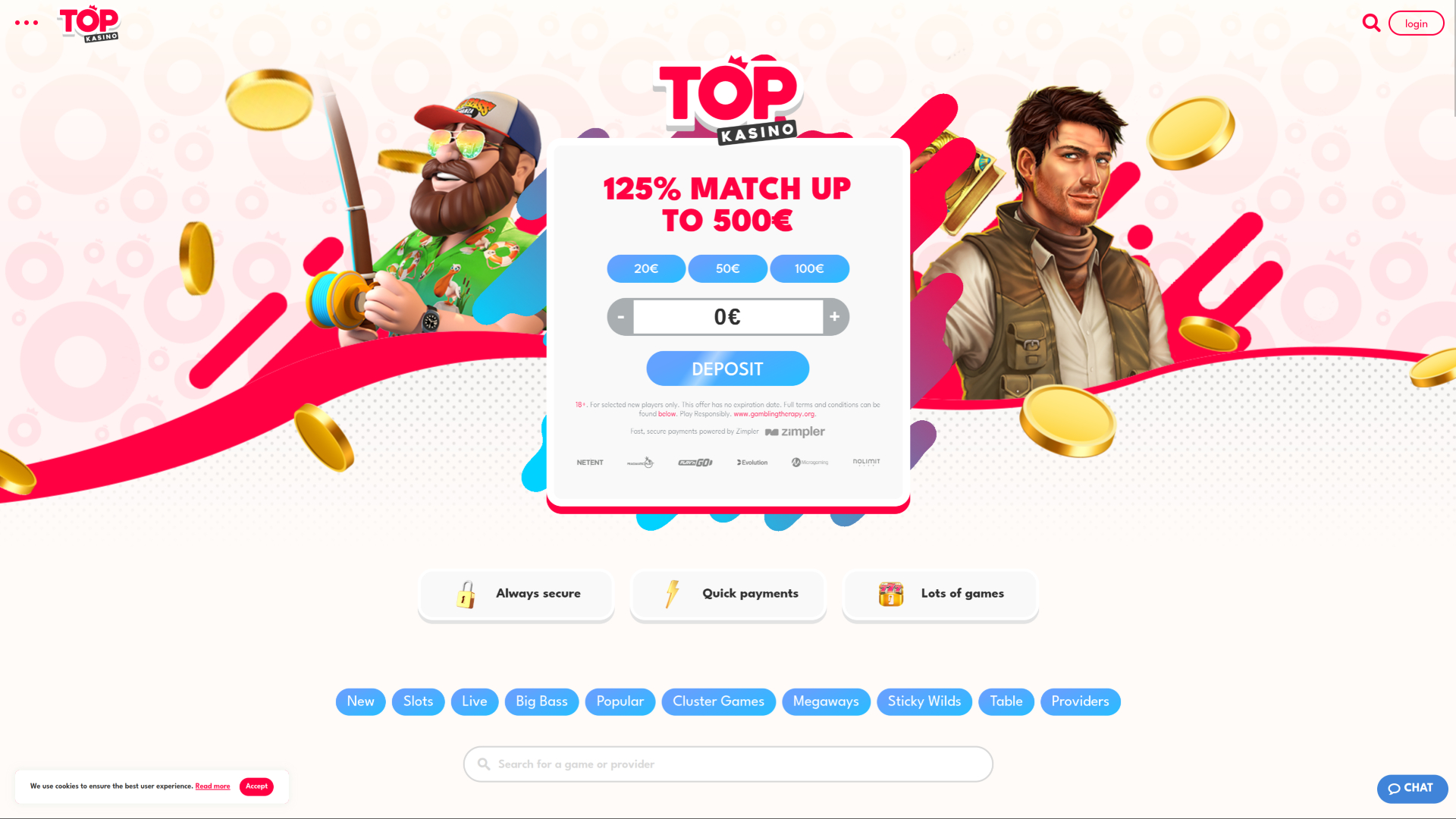 Page d'accueil du casino Topkasino pour ordinateur