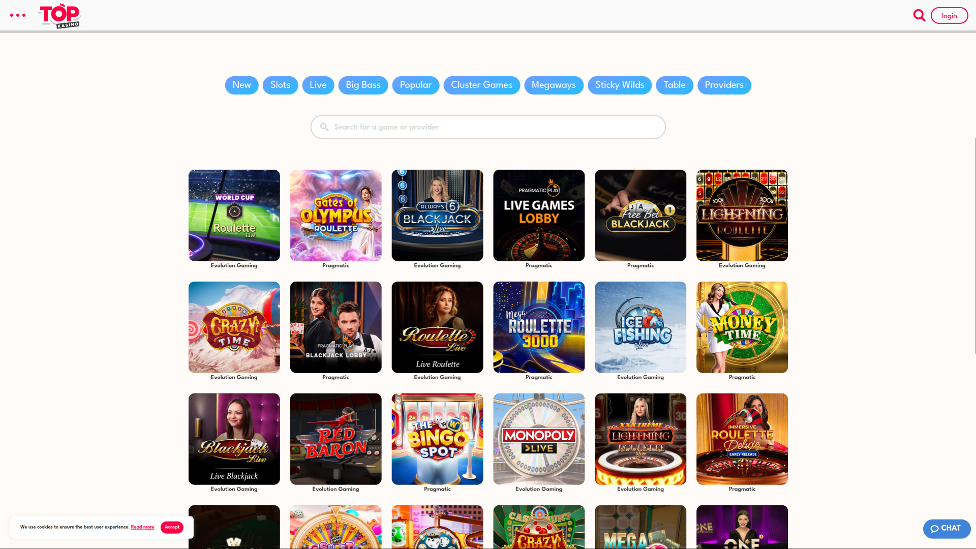 Casino Topkasino pour ordinateur avec croupier en direct
